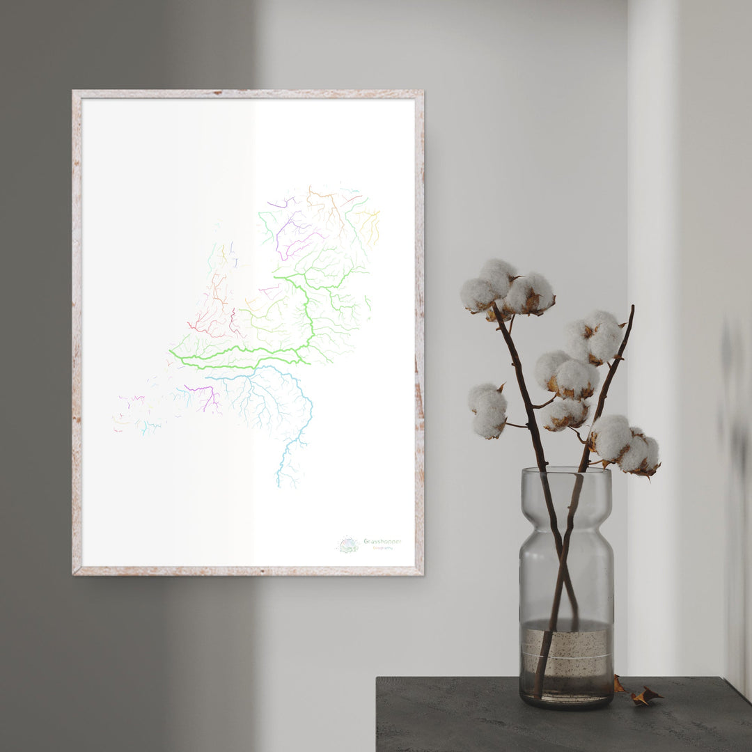 Pays-Bas - Carte des bassins fluviaux, pastel sur blanc - Fine Art Print