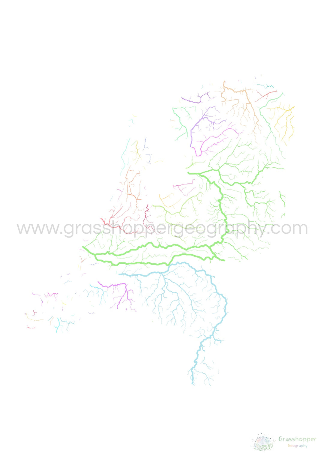 Pays-Bas - Carte des bassins fluviaux, pastel sur blanc - Fine Art Print