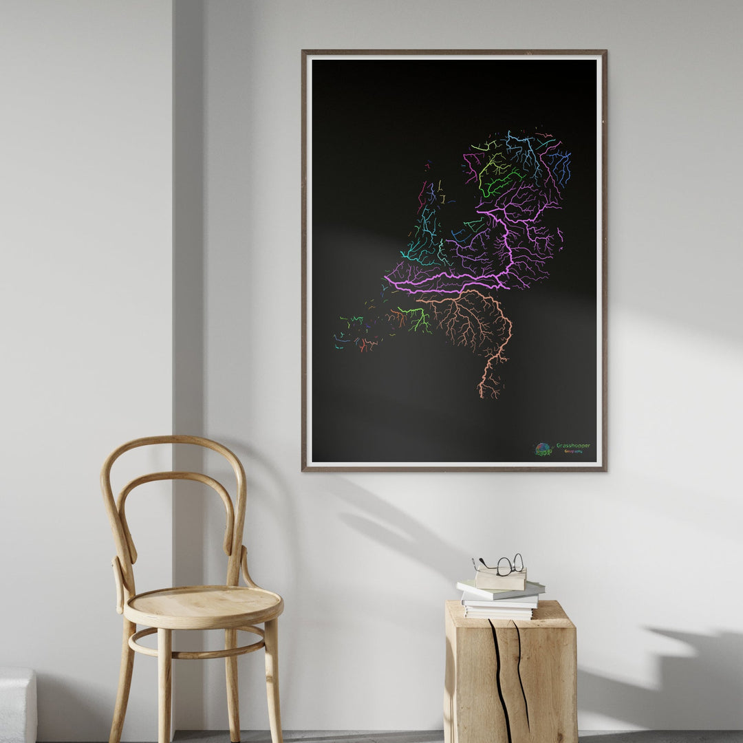 The Netherlands - River basin map, rainbow on black - Fine Art Print