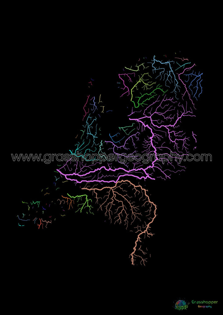 Pays-Bas - Carte des bassins fluviaux, arc-en-ciel sur noir - Fine Art Print