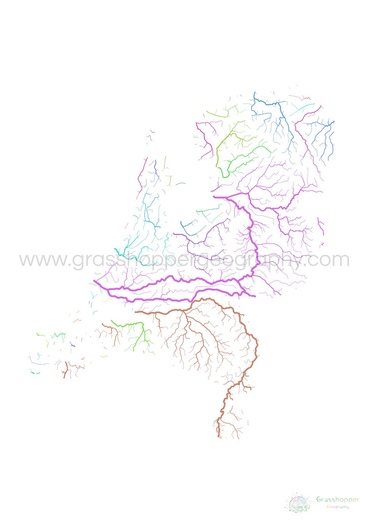 Países Bajos - Mapa de cuencas fluviales, arco iris sobre blanco - Impresión de bellas artes