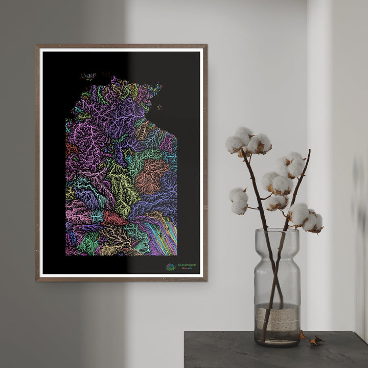 River basin map of the Northern Territory, pastel colours on black - Fine Art Print