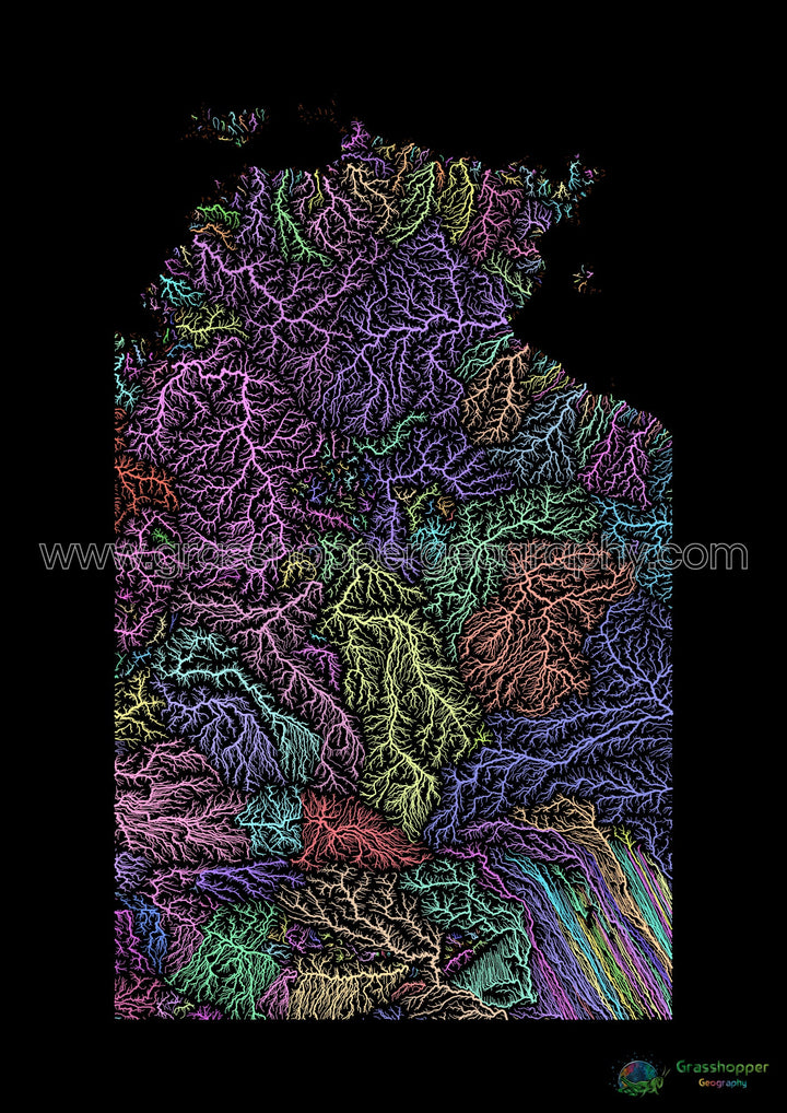 River basin map of the Northern Territory, pastel colours on black - Fine Art Print