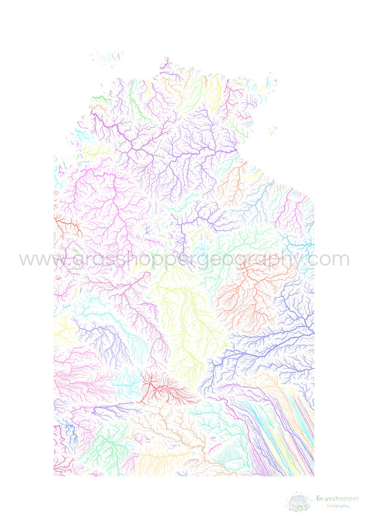 River basin map of the Northern Territory, pastel colours on white - Fine Art Print
