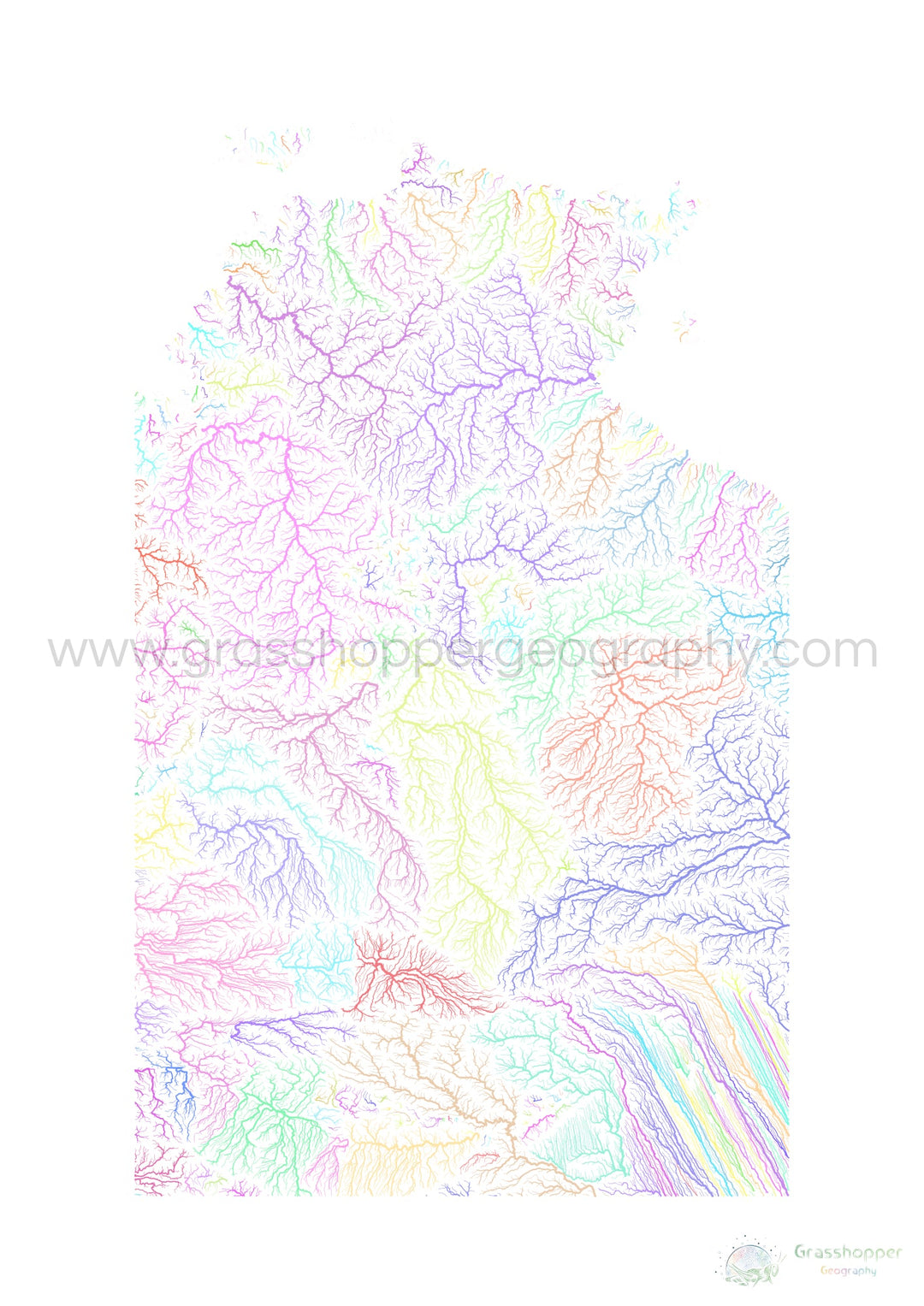 El Territorio del Norte - Mapa de la cuenca fluvial, pastel sobre blanco - Impresión de Bellas Artes