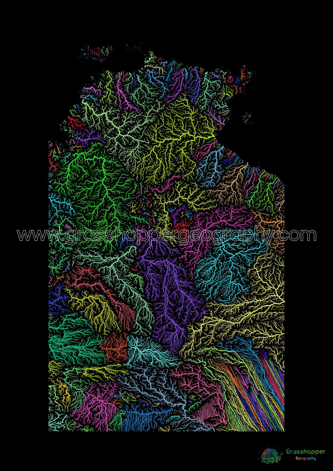 River basin map of the Northern Territory, rainbow colours on black - Fine Art Print