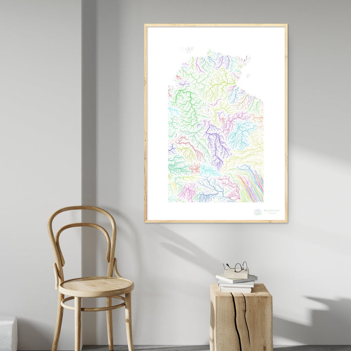 Território do Norte - Mapa da bacia hidrográfica, arco-íris em branco - Impressão de belas artes