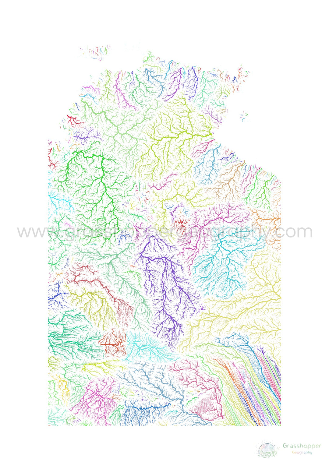 River basin map of the Northern Territory, rainbow colours on white Fine Art Print