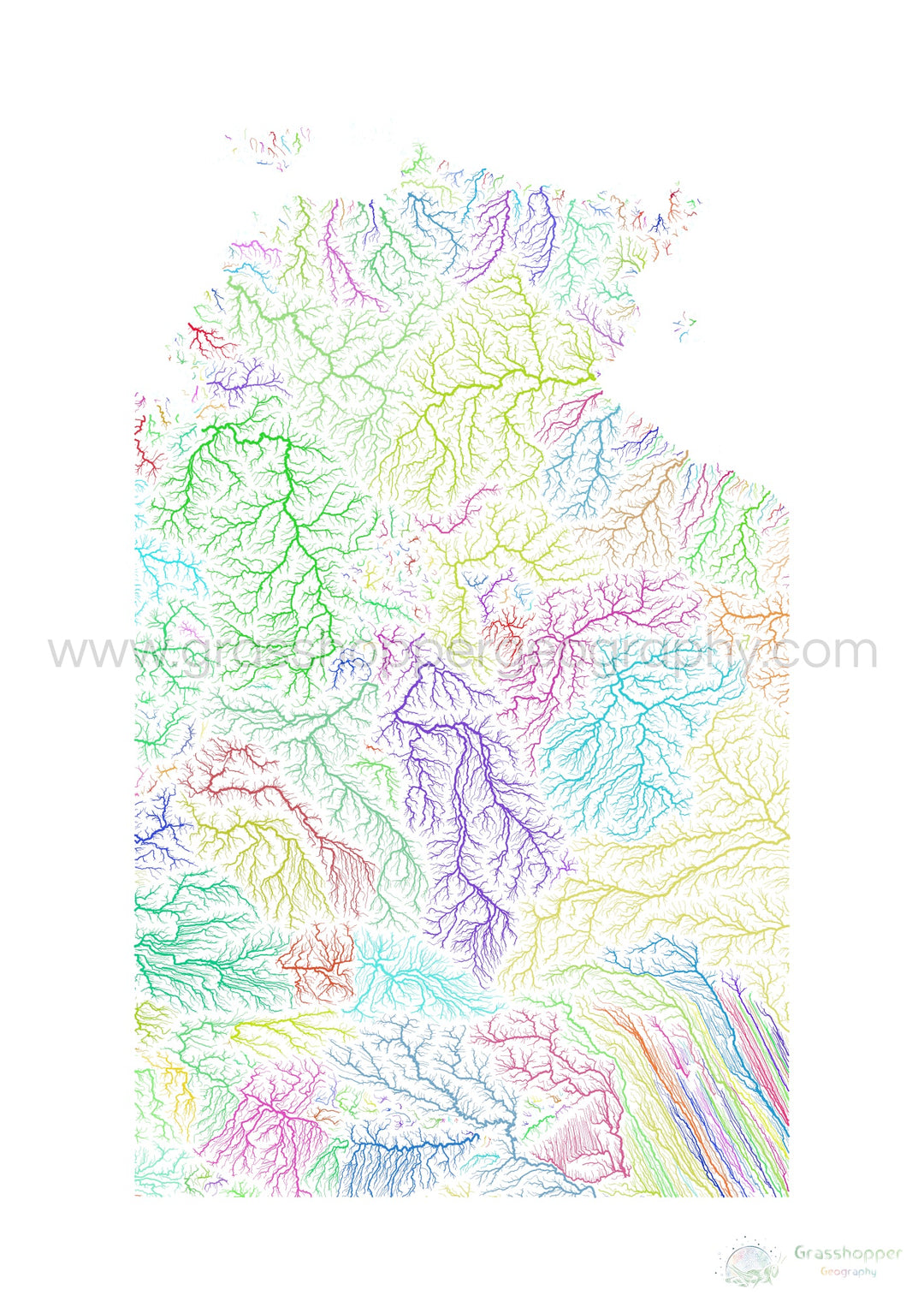 Território do Norte - Mapa da bacia hidrográfica, arco-íris em branco - Impressão de belas artes