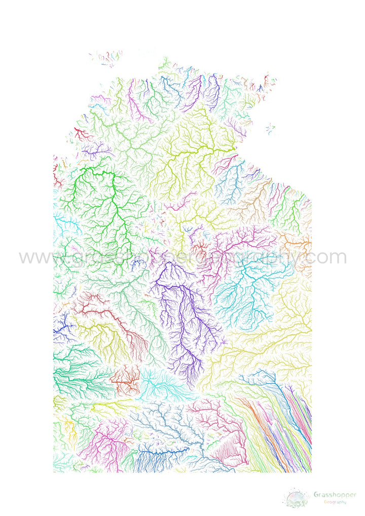 El Territorio del Norte - Mapa de la cuenca fluvial, arco iris sobre blanco - Impresión de Bellas Artes