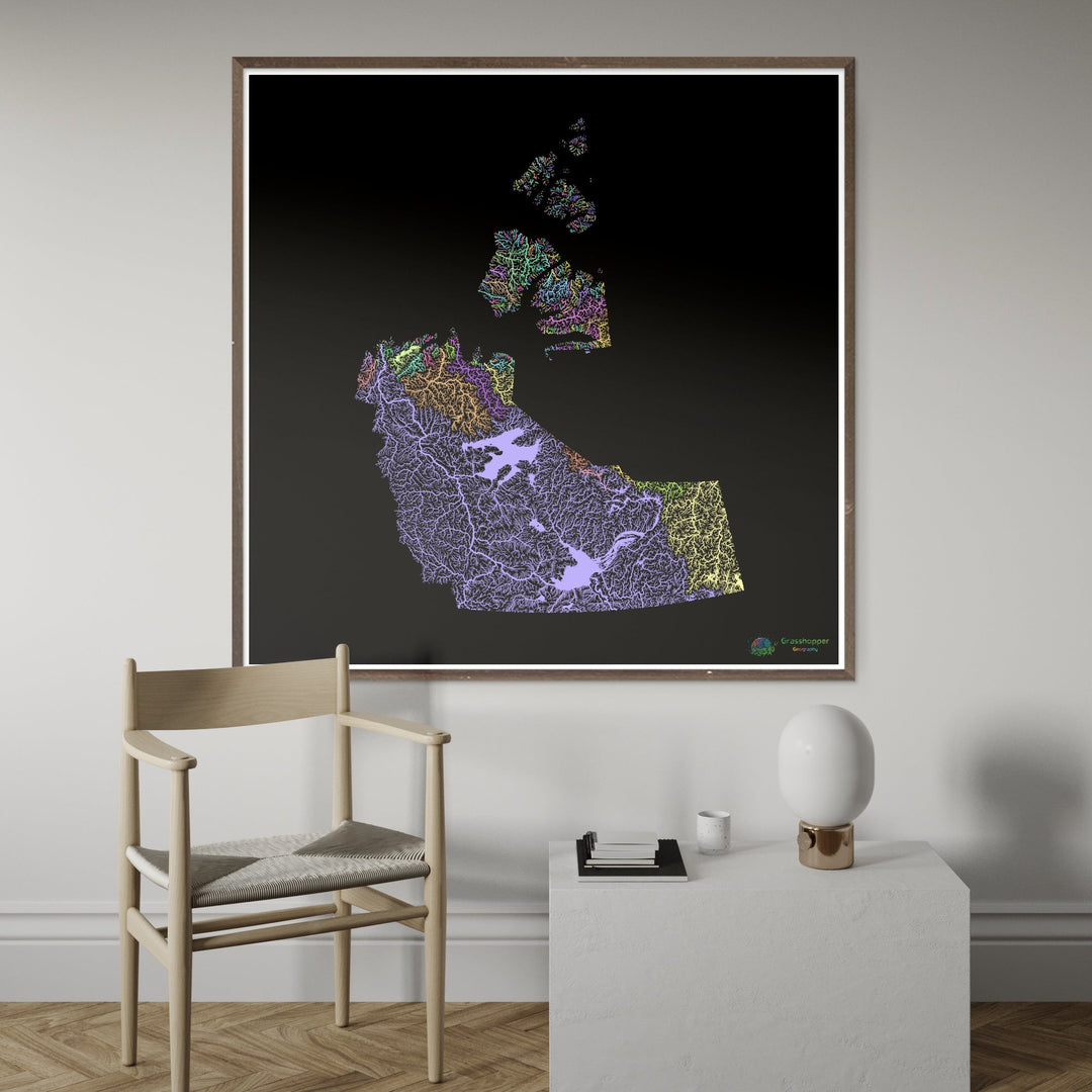 The Northwest Territories - River basin map, pastel on black - Fine Art Print