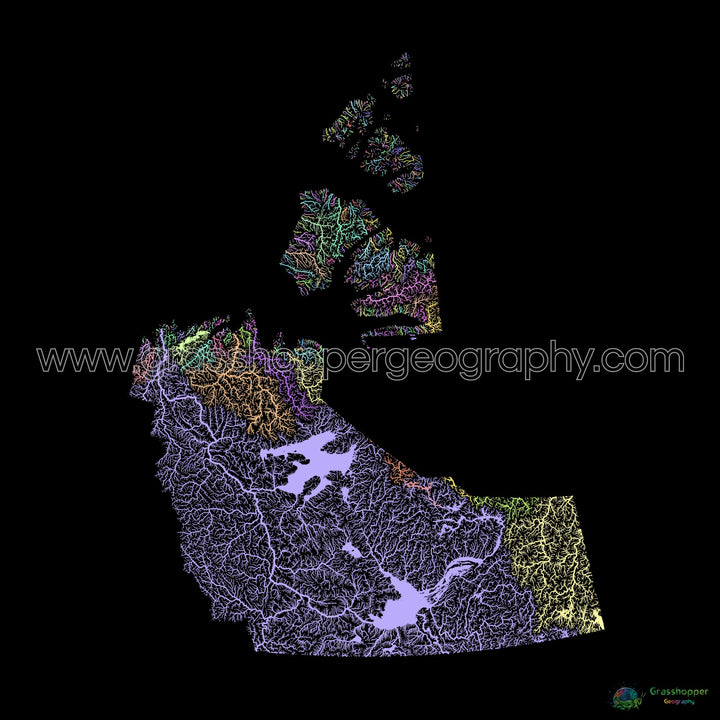 River basin map of the Northwest Territories, pastel colours on black - Fine Art Print