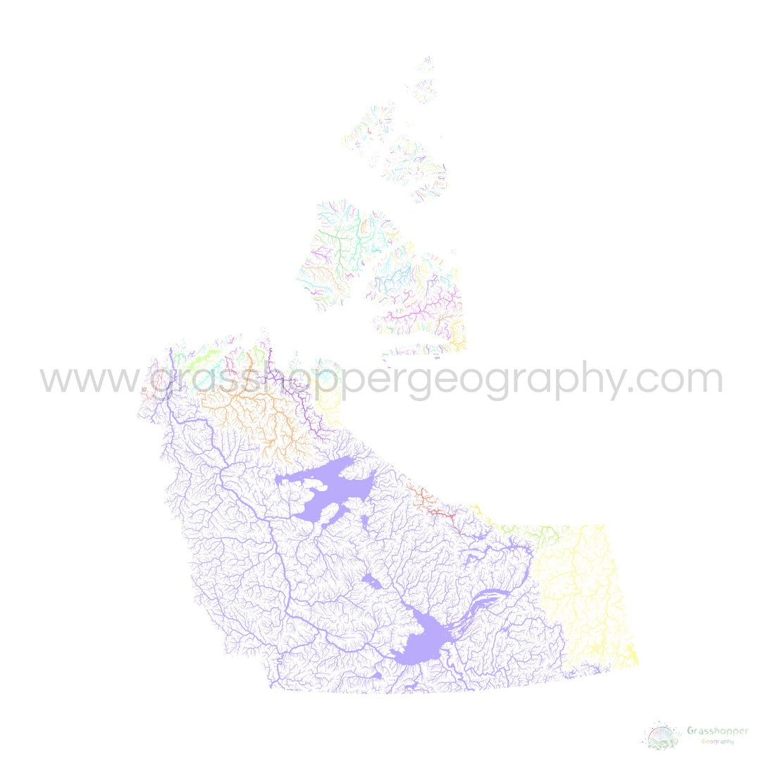 River basin map of the Northwest Territories, pastel colours on white - Fine Art Print