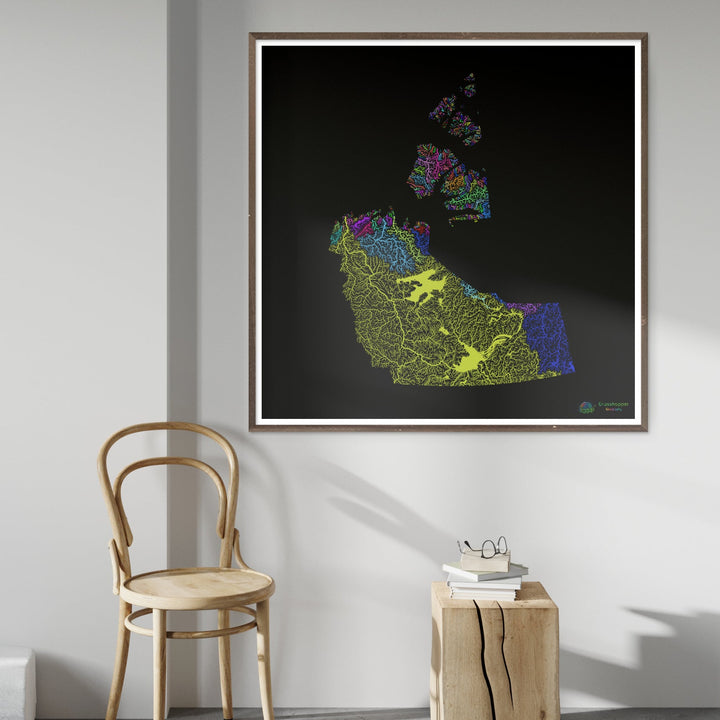 River basin map of the Northwest Territories, rainbow colours on black - Fine Art Print
