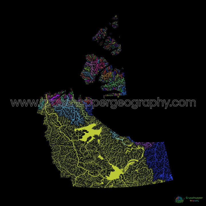 River basin map of the Northwest Territories, rainbow colours on black - Fine Art Print