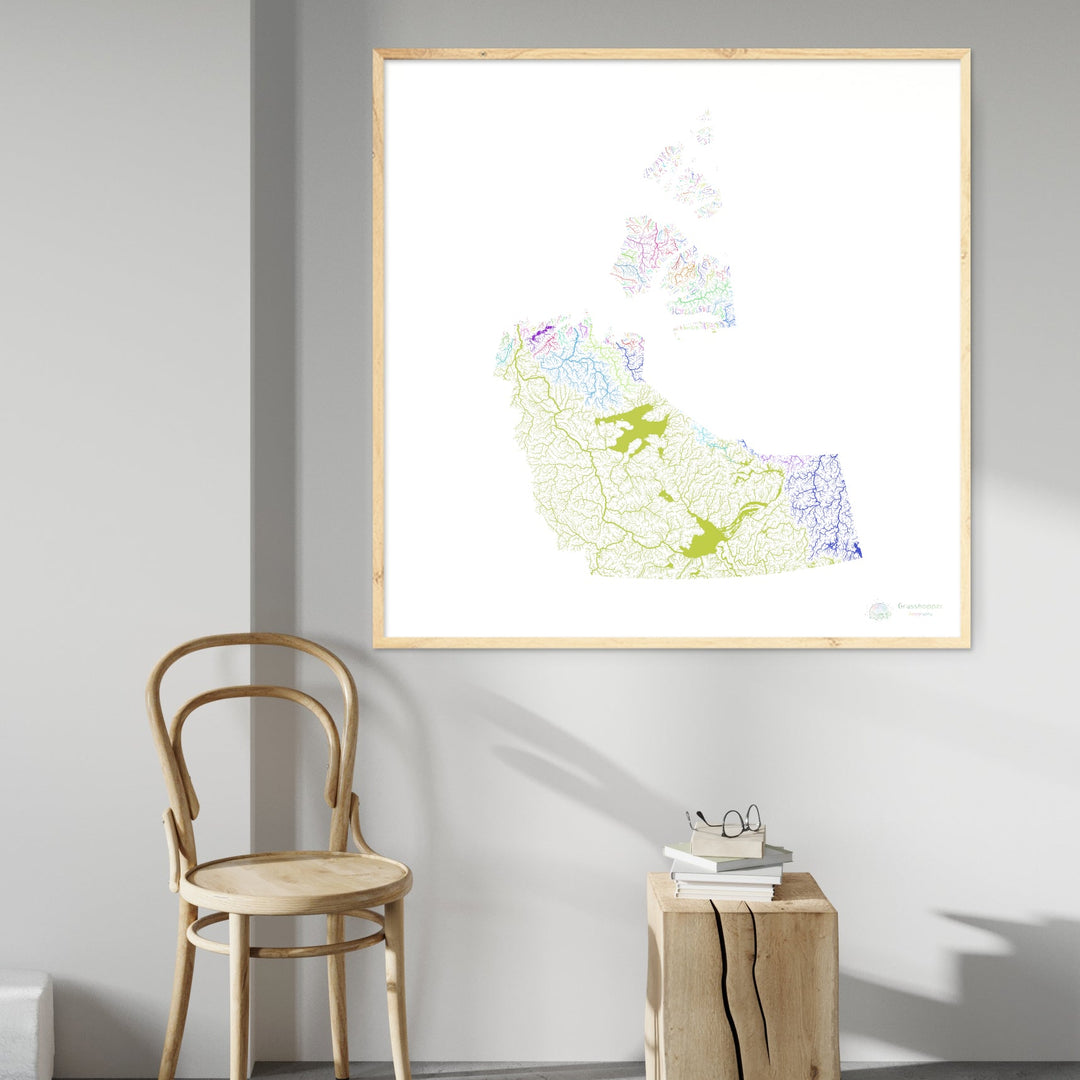 Los Territorios del Noroeste - Mapa de la cuenca fluvial, arco iris sobre blanco - Impresión de Bellas Artes