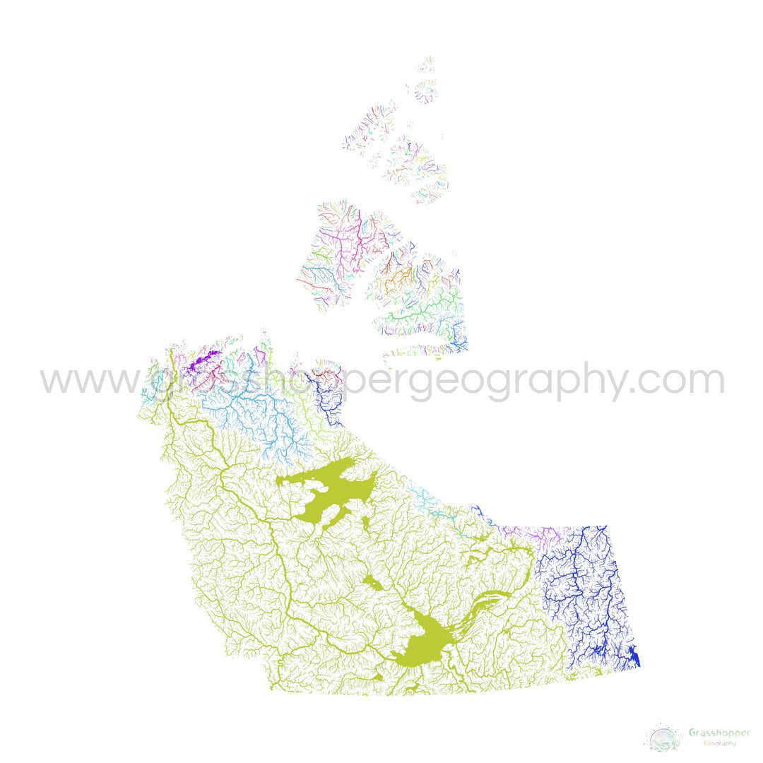 River basin map of the Northwest Territories, rainbow colours on white Fine Art Print