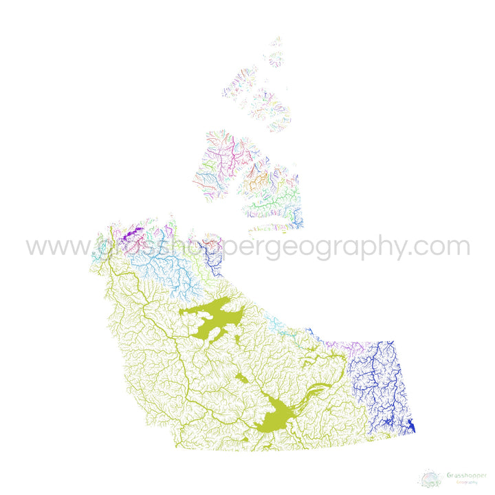 Los Territorios del Noroeste - Mapa de la cuenca fluvial, arco iris sobre blanco - Impresión de Bellas Artes