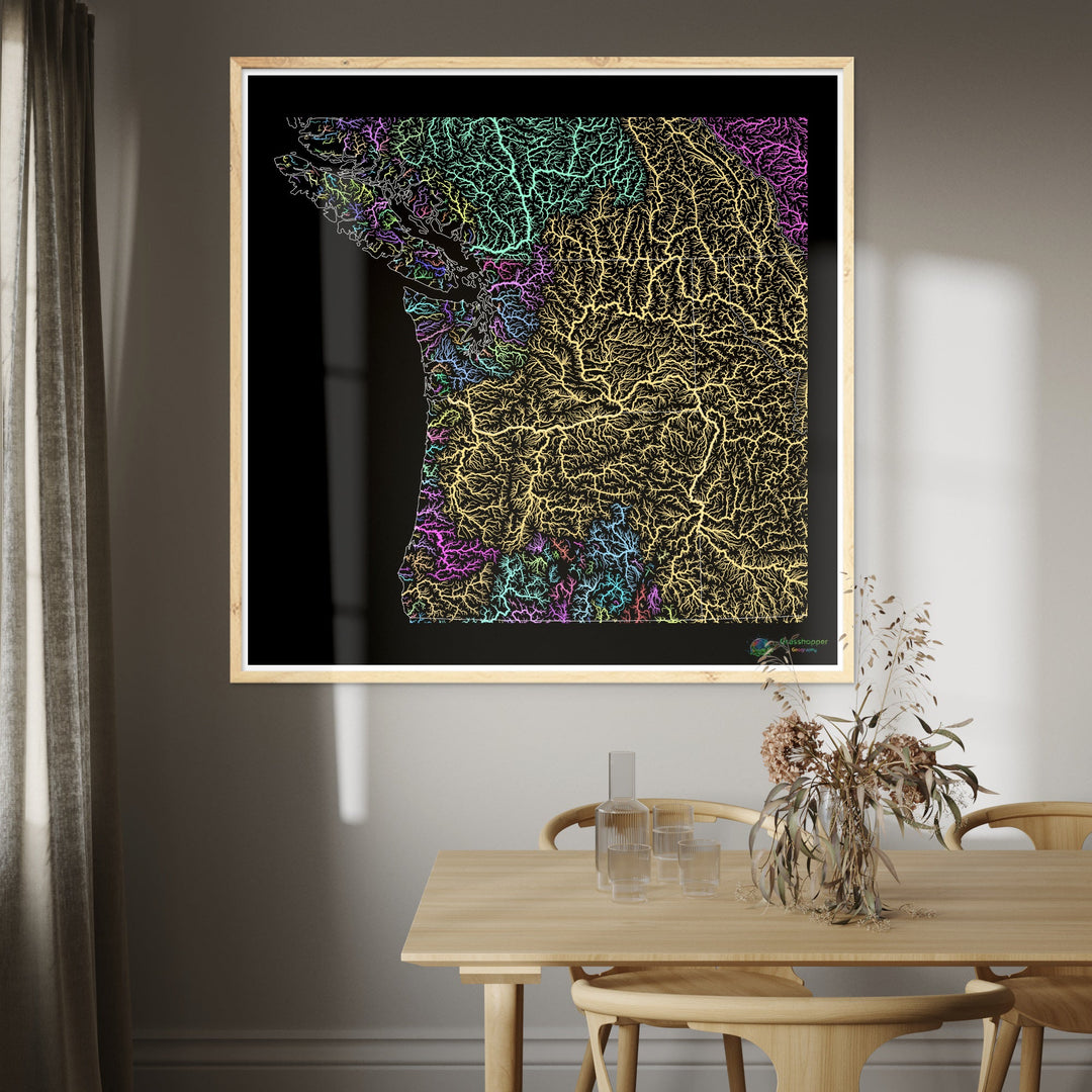 The Pacific Northwest - River basin map, pastel on black - Fine Art Print