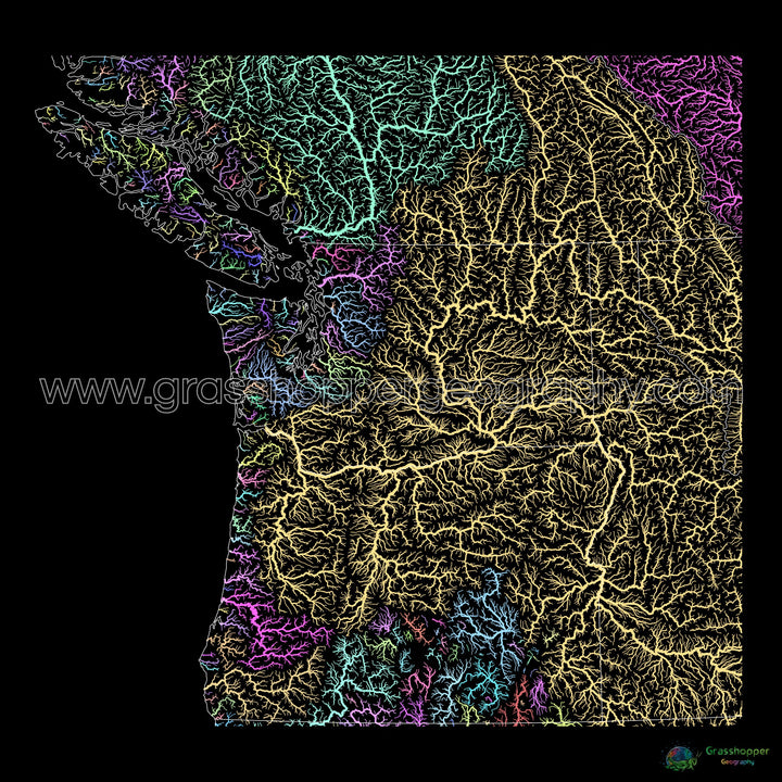 El noroeste del Pacífico - Mapa de la cuenca fluvial, pastel sobre negro - Impresión de bellas artes