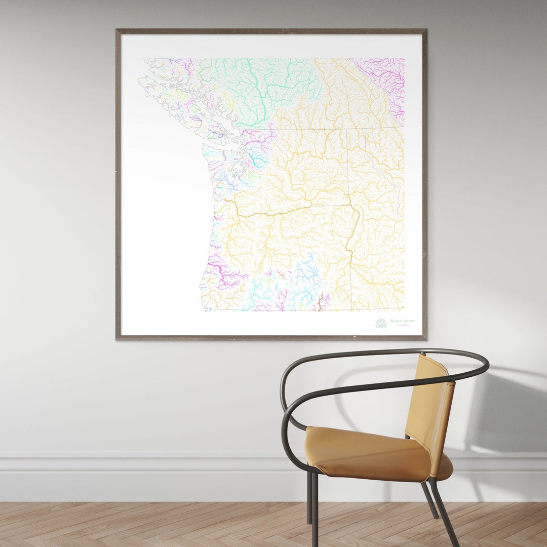 Le nord-ouest du Pacifique - Carte du bassin fluvial, pastel sur blanc - Fine Art Print