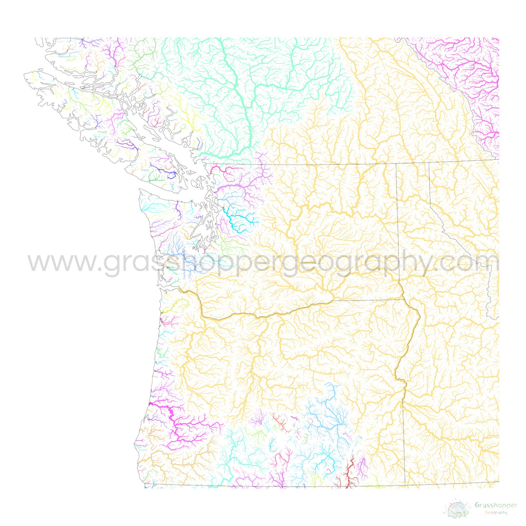 El noroeste del Pacífico - Mapa de la cuenca fluvial, pastel sobre blanco - Impresión de bellas artes