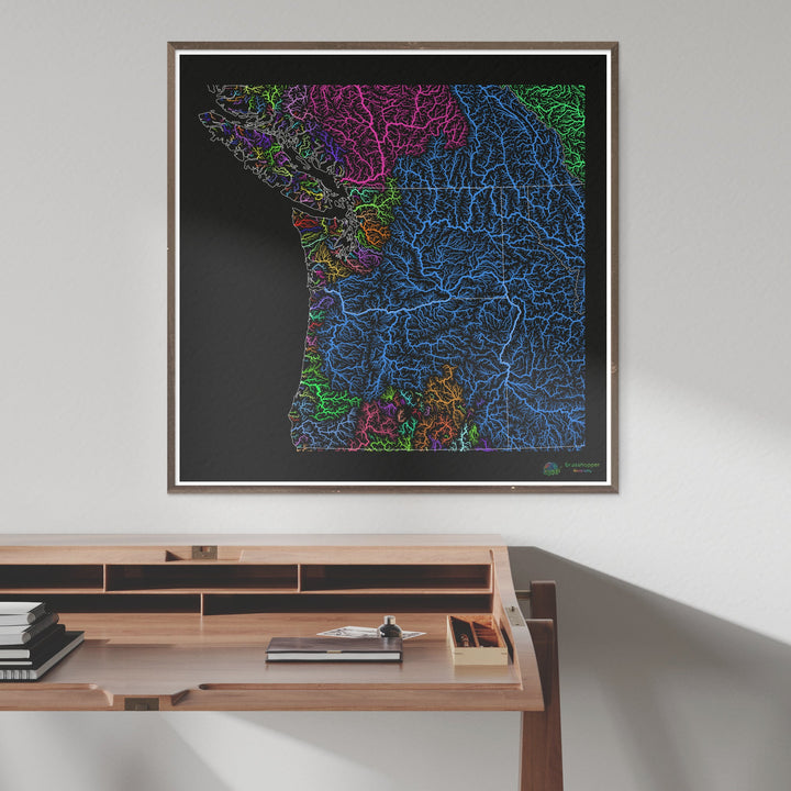 River basin map of the Pacific Northwest, rainbow colours on black - Fine Art Print