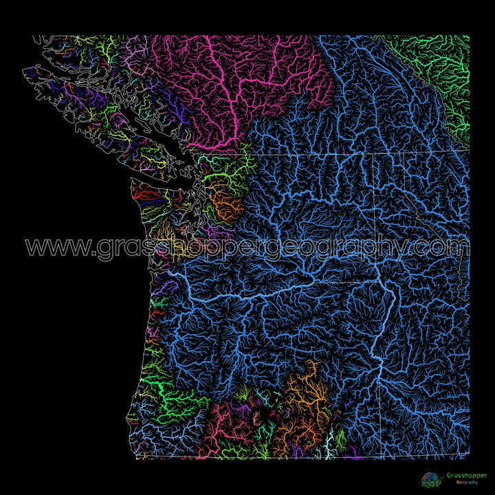 El noroeste del Pacífico - Mapa de la cuenca fluvial, arco iris sobre negro - Impresión de bellas artes