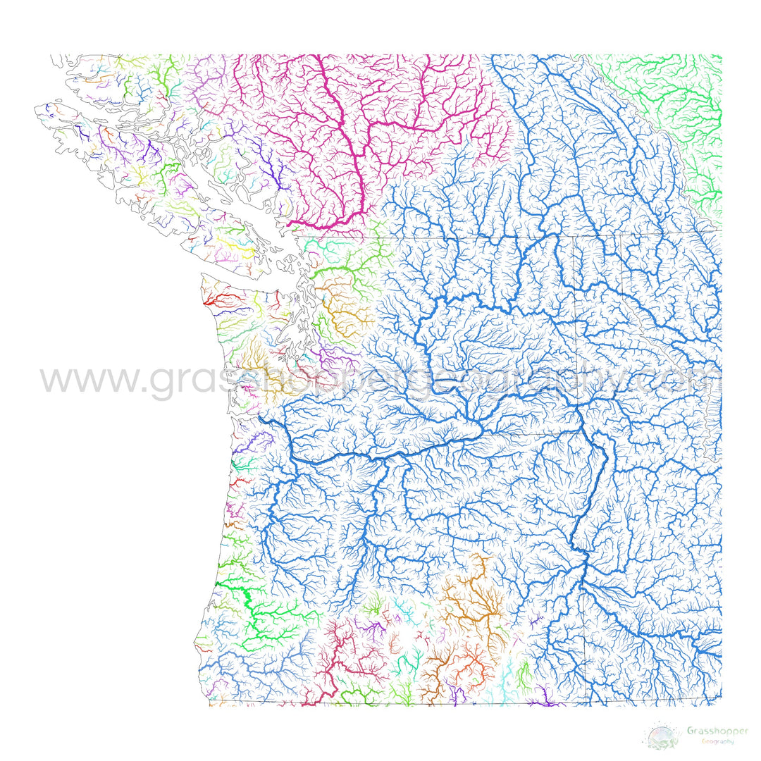 El noroeste del Pacífico - Mapa de la cuenca fluvial, arco iris sobre blanco - Impresión de bellas artes