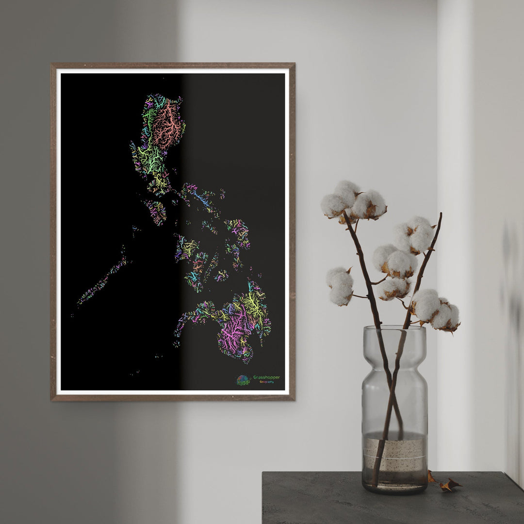 River basin map of the Philippines, pastel colours on black - Fine Art Print