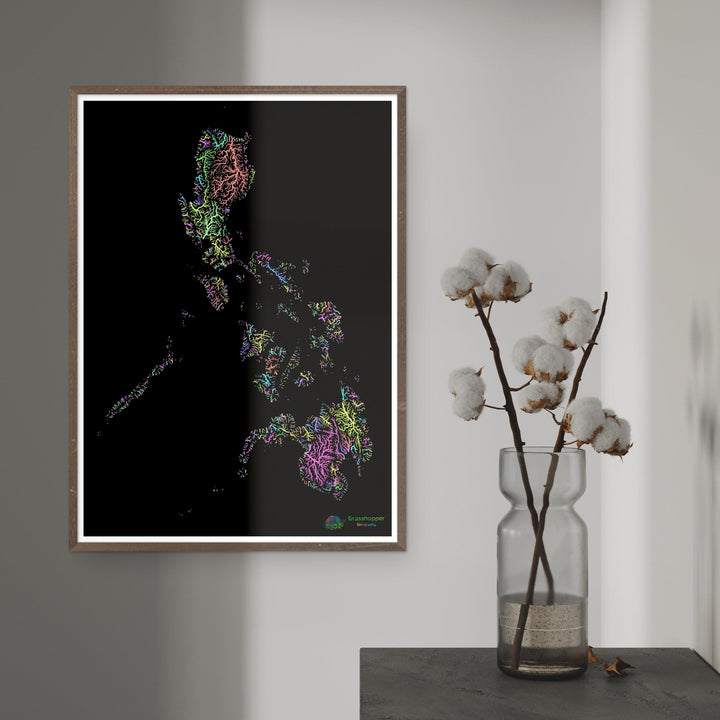 Philippines - Carte des bassins fluviaux, pastel sur noir - Fine Art Print