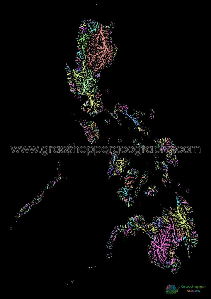 Filipinas - Mapa de la cuenca fluvial, pastel sobre negro - Impresión de Bellas Artes