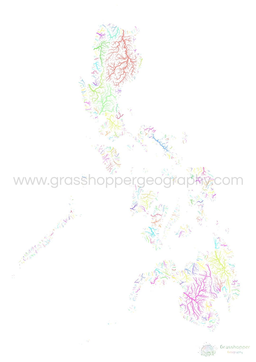 Filipinas - Mapa de la cuenca fluvial, pastel sobre blanco - Impresión de Bellas Artes