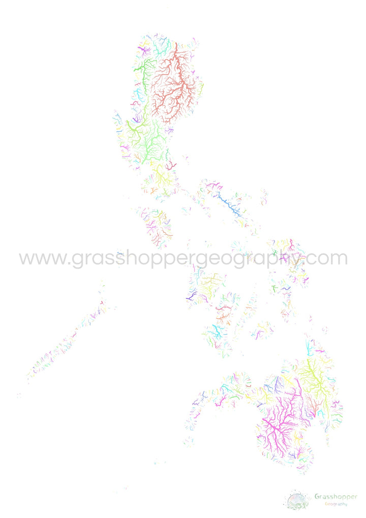 Filipinas - Mapa de la cuenca fluvial, pastel sobre blanco - Impresión de Bellas Artes
