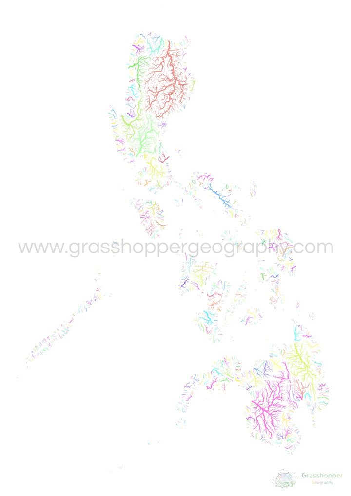 Philippines - Carte des bassins fluviaux, pastel sur blanc - Fine Art Print