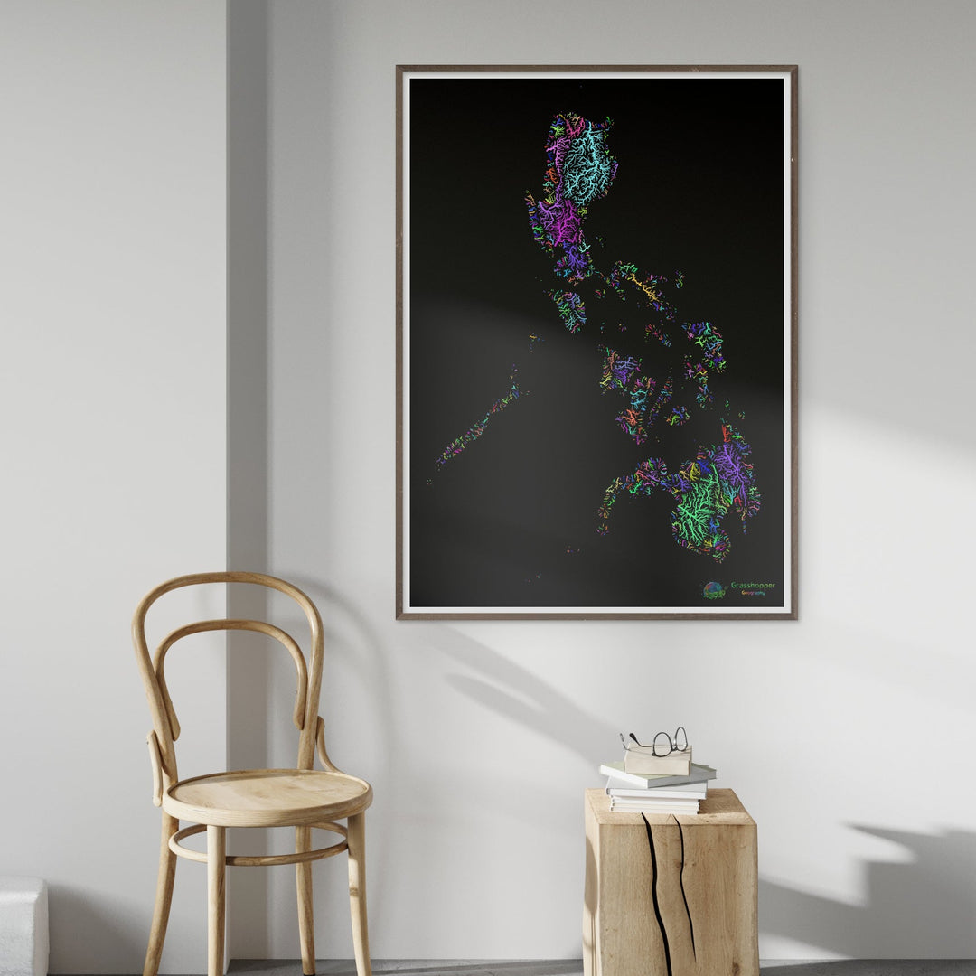 Philippines - Carte des bassins fluviaux, arc-en-ciel sur noir - Fine Art Print