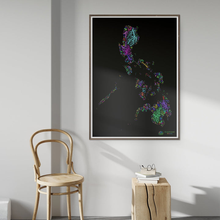 Philippines - Carte des bassins fluviaux, arc-en-ciel sur noir - Fine Art Print