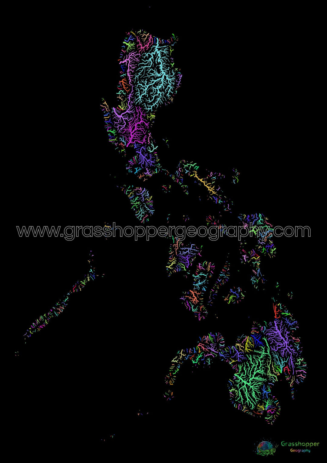 The Philippines - River basin map, rainbow on black - Fine Art Print