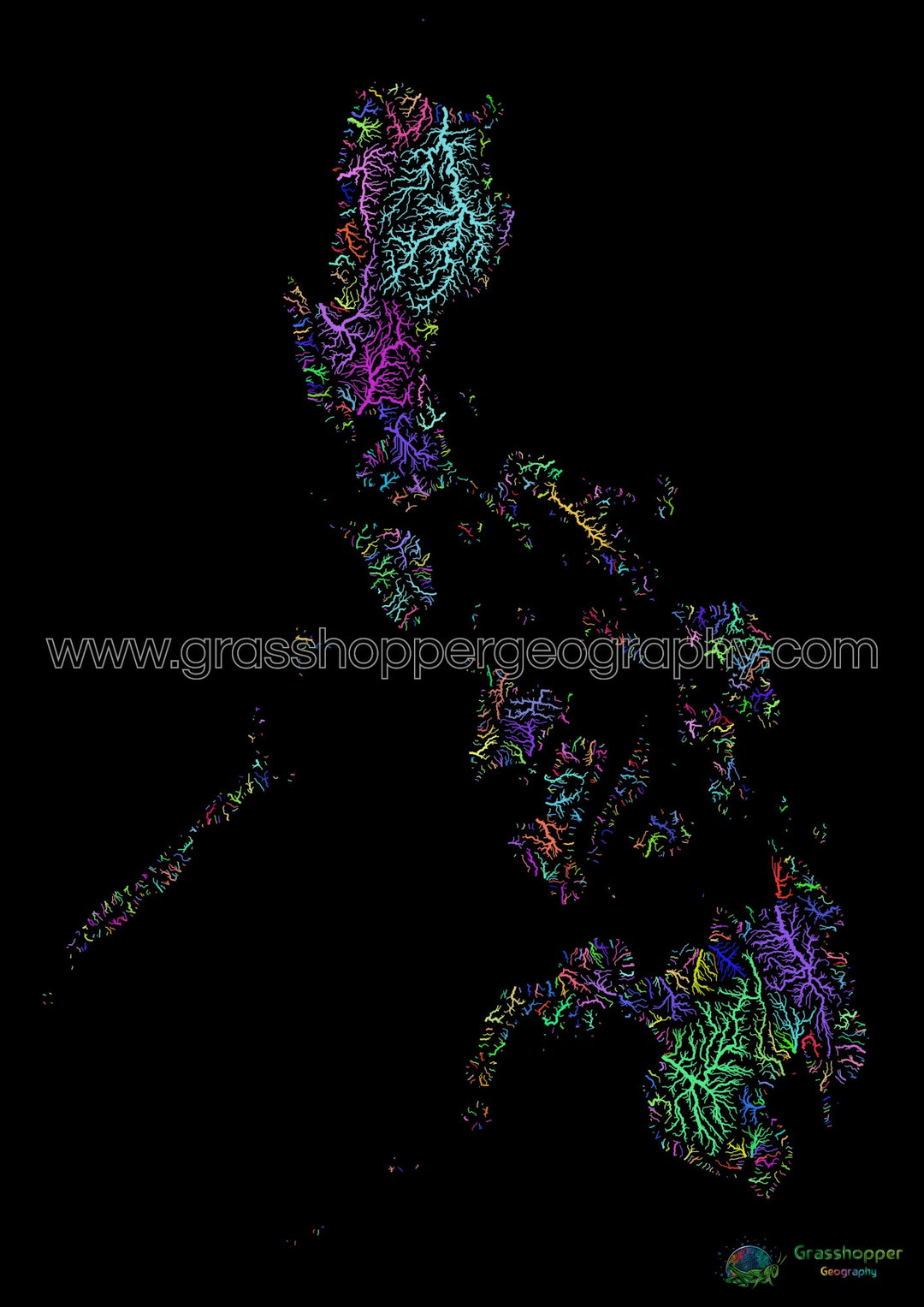 Filipinas - Mapa de la cuenca fluvial, arco iris sobre negro - Impresión de Bellas Artes