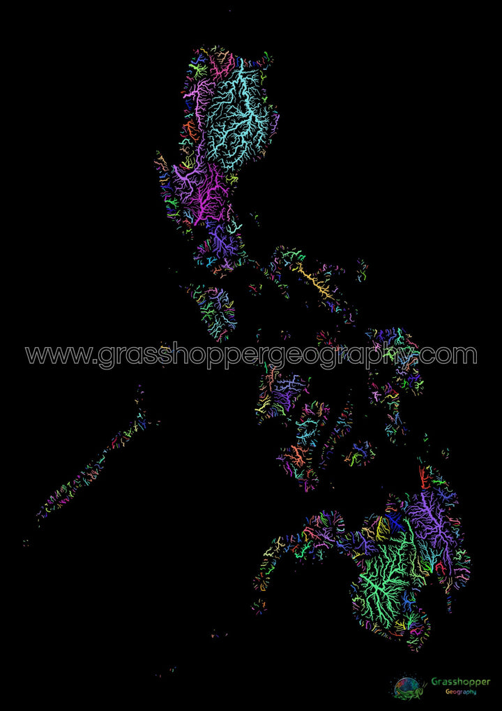 Filipinas - Mapa da bacia hidrográfica, arco-íris em preto - Impressão de belas artes
