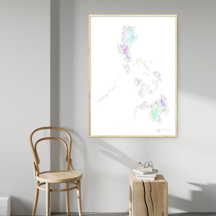 Philippines - Carte des bassins fluviaux, arc-en-ciel sur blanc - Fine Art Print