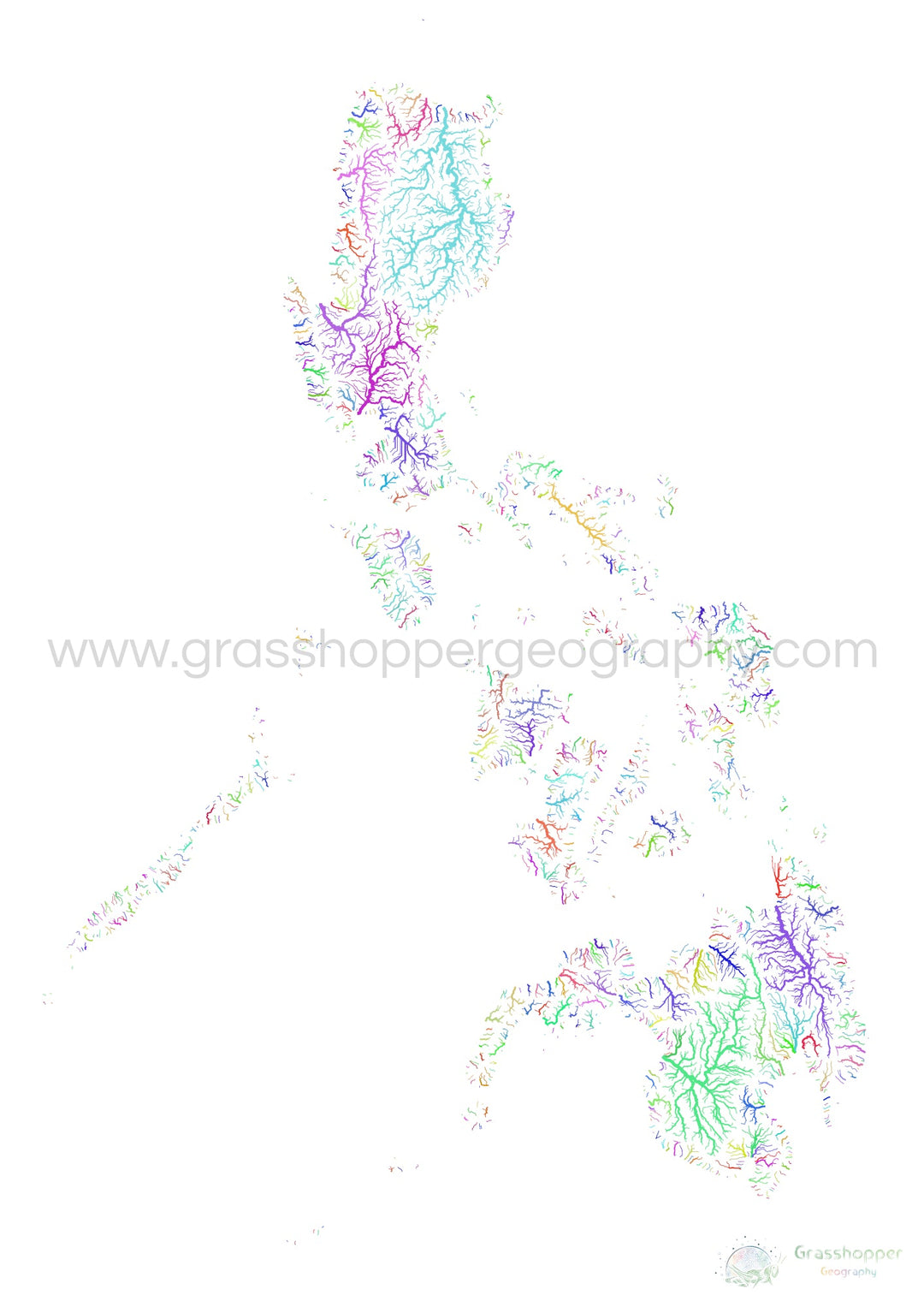 Filipinas - Mapa de la cuenca fluvial, arco iris sobre blanco - Impresión de Bellas Artes