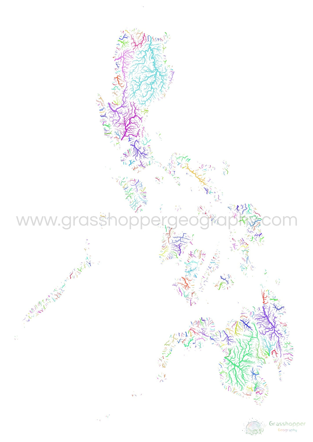 Philippines - Carte des bassins fluviaux, arc-en-ciel sur blanc - Fine Art Print