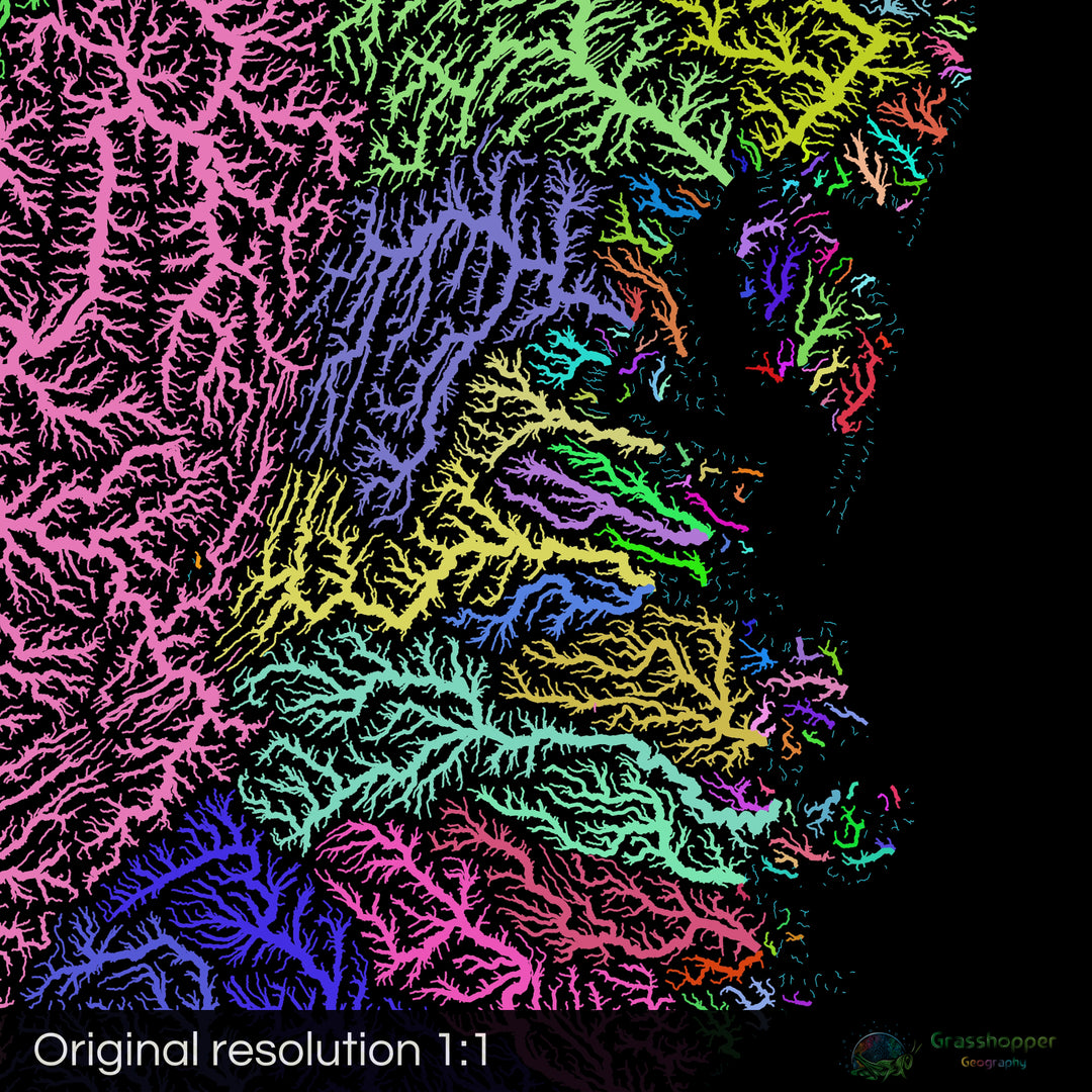 The United States - River basin map, rainbow on black - Fine Art Print