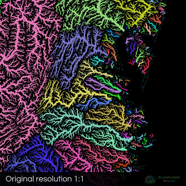 Estados Unidos - Mapa de cuencas fluviales, arco iris sobre negro - Impresión de Bellas Artes