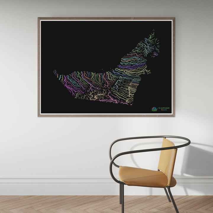 Emiratos Árabes Unidos - Mapa de la cuenca fluvial, pastel sobre negro - Impresión de Bellas Artes