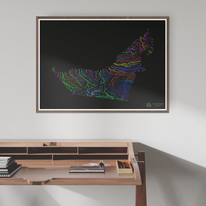 River basin map of the United Arab Emirates, rainbow colours on black - Fine Art Print