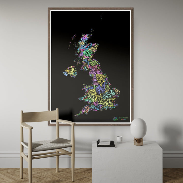 River basin map of the United Kingdom, pastel colours on black - Fine Art Print