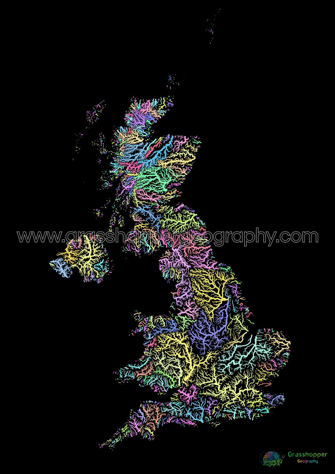 Royaume-Uni - Carte des bassins fluviaux, pastel sur noir - Fine Art Print
