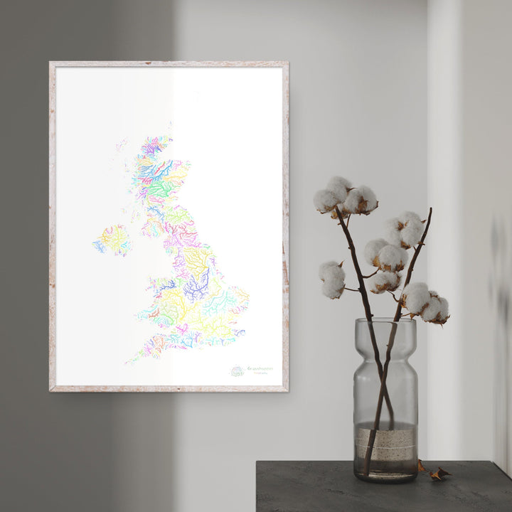 Royaume-Uni - Carte des bassins fluviaux, pastel sur blanc - Fine Art Print
